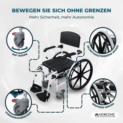Mobiclinic®, tualetes ratiņkrēsls, regulējams augstums, pašgājējs, Calígula, saliekams kāju balsts un roku balsti, ar noņemamu bļodu, riteņu bremze, alumīnijs