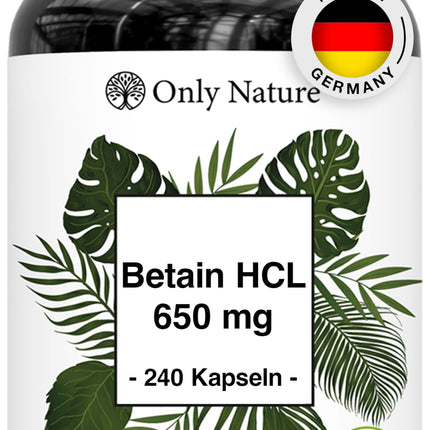 Betaīna hidrohlorīds 650 mg - 240 kapsulas - tabletes pret grēmām - augsta deva - ražots Vācijā un laboratorijā pārbaudīts - vegāns - betaīna hidrohlorīds