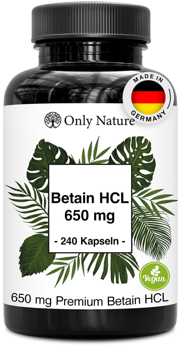 Betaīna hidrohlorīds 650 mg - 240 kapsulas - tabletes pret grēmām - augsta deva - ražots Vācijā un laboratorijā pārbaudīts - vegāns - betaīna hidrohlorīds