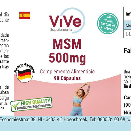 MSM 500 mg - 90 kapsulas - organiskais sērs - metilsulfonilmetāns - 3000 mg dienas deva - liela deva un vegānisks | Kvalitāte no Vācijas - ViVe uztura bagātinātāji