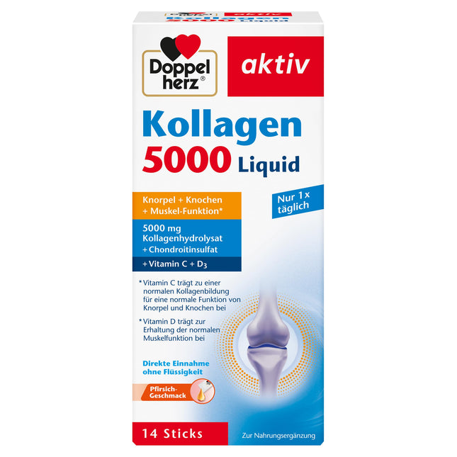 Doppelherz Collagen 5000 šķidrums - ar kolagēna hidrolizātu, hondroitīna sulfātu, vitamīniem un mangānu - 14 persiku garšas nūjiņas