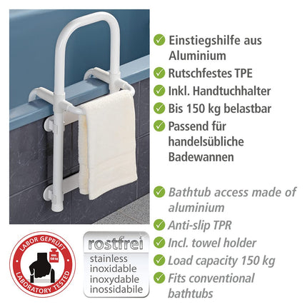 WENKO Secura vannas iekāpšanas palīglīdzeklis, celtspēja līdz 150 kg, izturīgs alumīnijs/plastmasa, 23 x 52 x 22,5–39 cm, balts