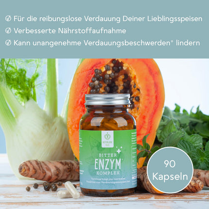 BitterLiebe Bitter Enzyme* kompleksa kapsulas ar 5 gremošanas enzīmiem - pret vēdera uzpūšanos - ar papaīnu, laktāzi, alfa-amilāzi, lipāzi un proteāzi - mēneša iepakojums