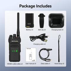 Retevis NR30D tāla darbības rādiusa rācijas, DMR divvirzienu rācijas, nākamās paaudzes trokšņu slāpēšana, IP67, 2800 mAh, saderīgas ar Moto AES256 viesnīcām (melnas, 3 iepakojumā)