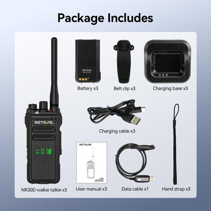 Retevis NR30D tāla darbības rādiusa rācijas, DMR divvirzienu rācijas, nākamās paaudzes trokšņu slāpēšana, IP67, 2800 mAh, saderīgas ar Moto AES256 viesnīcām (melnas, 3 iepakojumā)