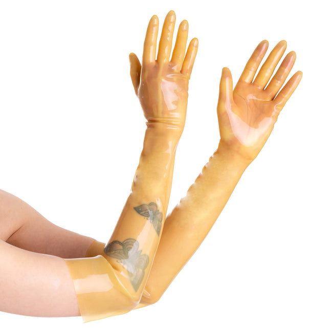 Rubberfashion lateksa cimdi, gari, gumijas cimdi - elkoņa - Lateksa cimdi, gari, sievietēm un vīriešiem, pāris, caurspīdīgi, 0,4 mm, XL