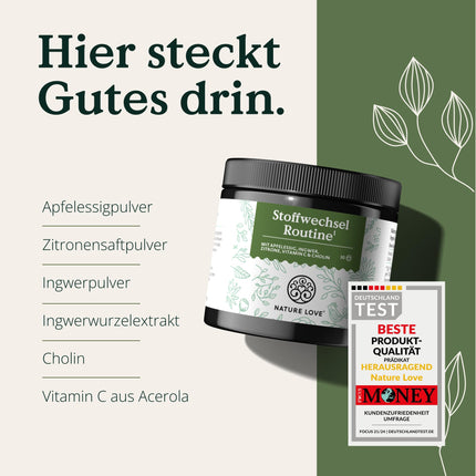 NATURE LOVE® Metabolism Routine 150g – Metabolisma dzēriens ar ābolu sidra etiķi, ingvera šotu un citronu – ar C vitamīnu un holīnu – vegāns, bez liekām piedevām – ražots Vācijā un laboratorijā pārbaudīts