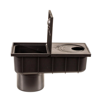 ScarMaxx - Lietus caurules noteka, notekcaurule - Lietus noteka DN 110 - Grīdas noteka Saderīga ar notekcaurulēm 50-110 mm - Plastmasa, melna - 29,8 x 15,2 x 16 cm - ar savākšanas grozu, noteka zem