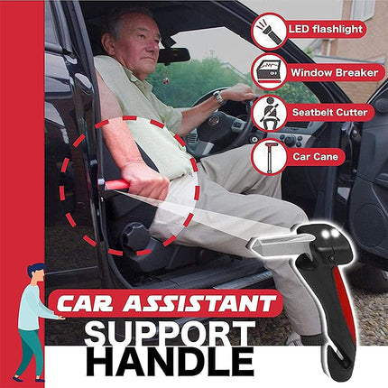 Jiele iekāpšanas un izkāpšanas palīglīdzekļa rokturis, mobilitātes palīglīdzeklis automašīnām, ar integrētu LED lukturīti, jostas griezēju un logu slēdzi, automašīnas spieķis