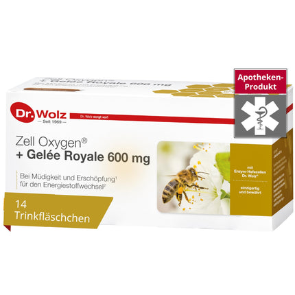 Dr. Wolz Zell Oxygen + Bišu peru pieniņa 600 mg, dabīgs rauga enzīmu šūnu līdzeklis veiktspējai un enerģijai, ar svaigu bioloģisku bišu peru pieniņu un vitamīniem, 14 ampulas pa 20 ml katrā