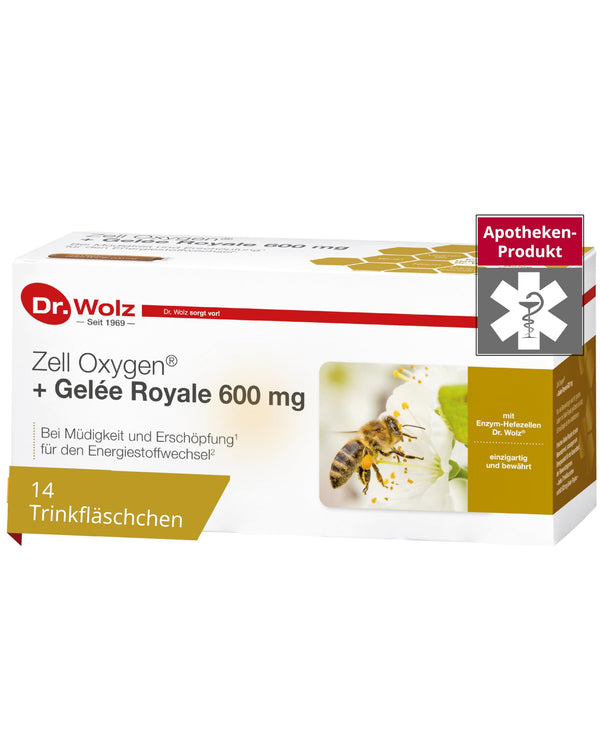 Dr. Wolz Zell Oxygen + Bišu peru pieniņa 600 mg, dabīgs rauga enzīmu šūnu līdzeklis veiktspējai un enerģijai, ar svaigu bioloģisku bišu peru pieniņu un vitamīniem, 14 ampulas pa 20 ml katrā