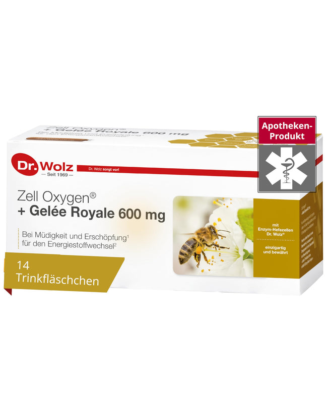 Dr. Wolz Zell Oxygen + Bišu peru pieniņa 600 mg, dabīgs rauga enzīmu šūnu līdzeklis veiktspējai un enerģijai, ar svaigu bioloģisku bišu peru pieniņu un vitamīniem, 14 ampulas pa 20 ml katrā