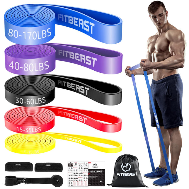 FitBeast pretestības joslu komplekts, 5 līmeņu pievilkšanās lentes spēka treniņiem, CrossFit, Powerlifting, muskuļu veidošanai, mājas treniņiem, mobilitātei, stiepšanās vingrinājumiem (gaismas spektrs 5-170 mārciņas)