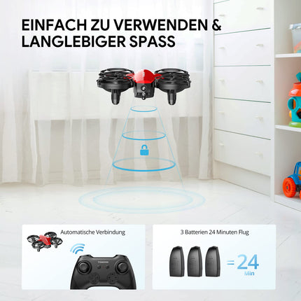 Tomzon mini drons bērniem iesācējiem RC kvadrokopters ar 24 minūšu ilgu lidojuma laiku, kaujas drons ar 360° propellera aizsardzību, lidaparāta tālvadības rotaļu drons ar mešanas kustību/3D apgriešanos/apļveida lidojums, nano drons