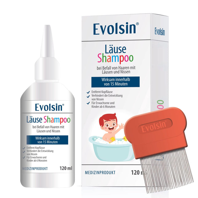 Evolsin® 120 ml utu šampūns un utu ķemme pieaugušajiem un bērniem no 6 mēnešu vecuma – matu invāzijas ar gnīdām un galvas utīm gadījumā – utu līdzeklis saudzīgs pret galvas ādu – iedarbojas 15 minūšu laikā