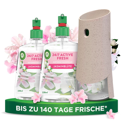 Air Wick Active Fresh – Sākuma komplekts – Bez aerosola, automātiskais gaisa atsvaidzinātājs – istabas aromāts ar jasmīna ziedu – 2 x 228 ml uzpildes + ierīce