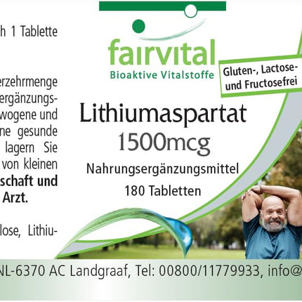 Fairvital | Litija aspartāts 1500 μg - 180 tabletes - Organiski saistīts litijs - Augsta biopieejamība - Kvalitātes pārbaude un liela deva - 100% vegāns - Ražots Vācijā