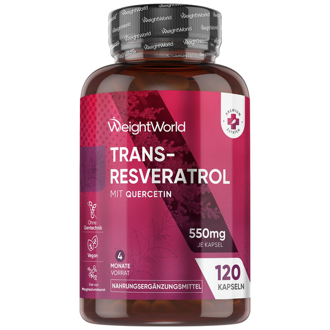 Resveratrola kapsulas - 500 mg trans-resveratrola ar 50 mg kvercetīna - 4 mēnešu krājums - OPC kapsulu alternatīva - 120 vegānas kapsulas bez magnija stearāta - polifenoli no dirzenēm - WeightWorld