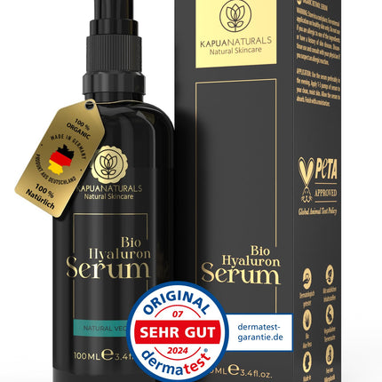 BIO Hyaluron Serum hochdosiert • 100ml +Vit E & B5 • 7-Fach Hyaluronsäure Serum Gesicht ✓100% Vegan&BIO ✓Anti-Aging Konzentrat ✓ Anti Falten Serum Naturkosmetik ✓Made in Germany ✓Hyaluronic Acid Serum