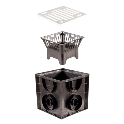 ScarMaxx - Pagalma noteka 250x250 mm - Grīdas noteka ar netīrumu savācēju, ar savienojumu dažāda izmēra KG caurulēm - Plastmasas grīdas noteka - Cinkots režģis