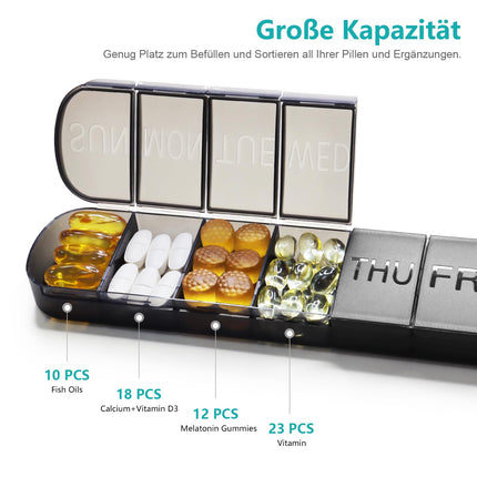 FHORAIN 7 dienu tablešu kaste, liela zāļu kaste, tablešu organizators, BPA nesaturoša pārnēsājama tablešu kaste zivju eļļai, medikamentiem, vitamīniem un uztura bagātinātājiem (melna)