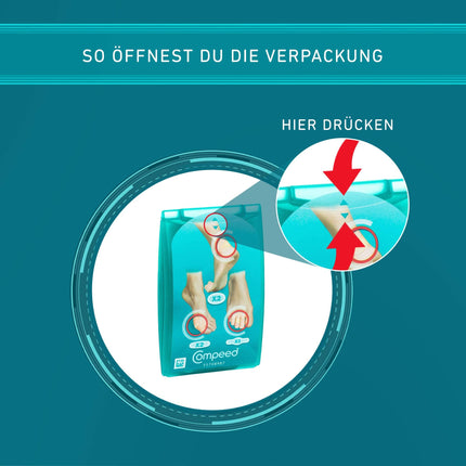 Compeed tulznu plāksteru maisījuma iepakojums – dažādu izmēru hidrokoloīdie plāksteri – tulznām uz papēžiem, kāju pirkstiem un mazām tulznām, 5 plāksteri