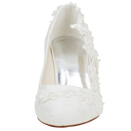 Emily Bridal kāzu kurpes sievietēm, zīdaina satīna augstpapēžu kurpes ar mežģīņu un ziedu kristāla pērļu šuvēm, ziloņkaula krāsā, 40 EU (7 UK)