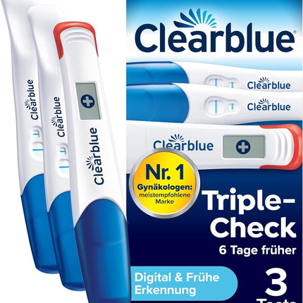 Clearblue grūtniecības tests Ultra Early Test Combo Pack Triple-Check, 3 testi (1 digitālais 10mSV/ml, 2 vizuālie 10mSV/ml), grūtniecības tests / agrīns grūtniecības tests, rezultāti 6 dienas agrāk
