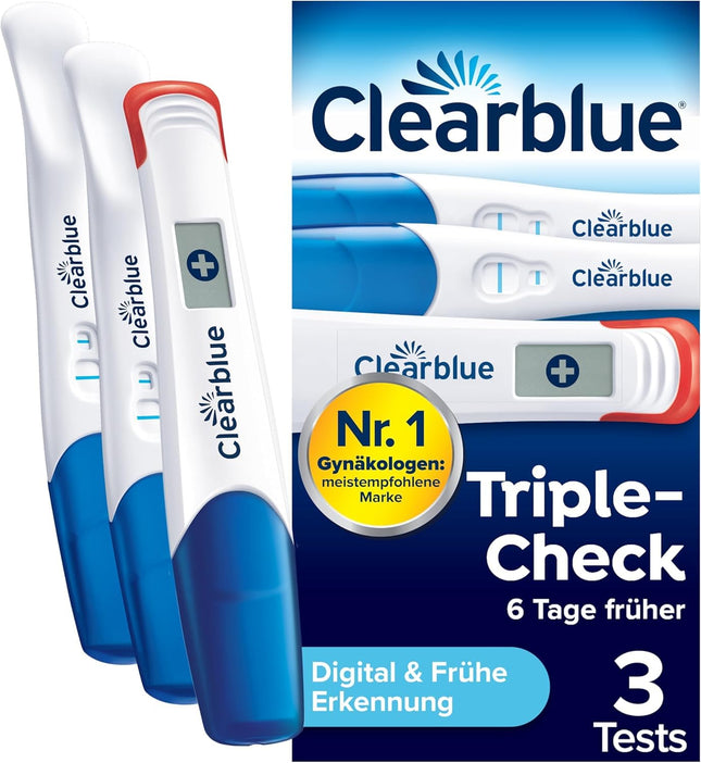 Clearblue grūtniecības tests Ultra Early Test Combo Pack Triple-Check, 3 testi (1 digitālais 10mSV/ml, 2 vizuālie 10mSV/ml), grūtniecības tests / agrīns grūtniecības tests, rezultāti 6 dienas agrāk