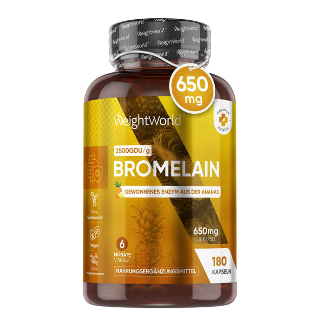 Bromelaīna kapsulas - 650 mg dienas deva - 180 vegānu kapsulas - 6 mēnešu krājumi - No ananāsiem iegūts enzīms - 2500 g/g - Bez magnija stearāta un ĢMO - Ananāsu enzīms no WeightWorld
