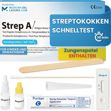 Medicinadellavoro.com – ātrais streptokoku tests bērniem un pieaugušajiem, kakla streptokoku tests A grupas streptokoku noteikšanai, noderīgs drudža un kakla sāpju gadījumā, rezultāti 10 minūtēs, 1 tests