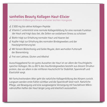 Sanhelios Beauty Collagen SKIN ELIXIR – dzerams līdzeklis pret novecošanos* – testa uzvarētājs – 30 dzeramās ampulas – 2500 mg augstākās kvalitātes kolagēna peptīdi + biotīns, varš un C vitamīns, ziedu medus un peru pieniņa