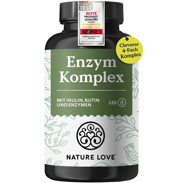 NATURE LOVE® enzīmu komplekss - 120 kapsulas - ieskaitot Lipāze un α-amilāze | ar bromelaīnu, rutīnu, celulozi un inulīnu - gremošanas enzīmi 4 mēnešu daudzumā - vegāns, laboratoriski pārbaudīts