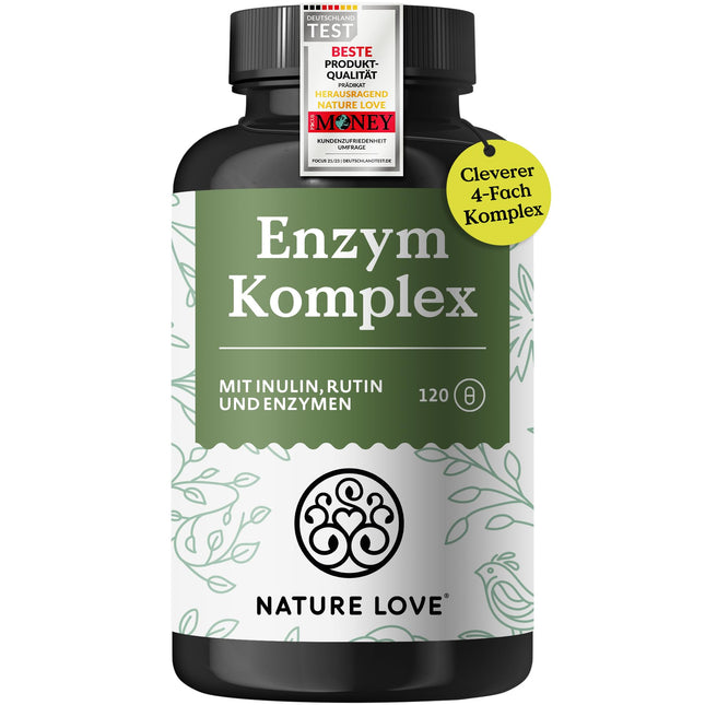 NATURE LOVE® enzīmu komplekss - 120 kapsulas - ieskaitot Lipāze un α-amilāze | ar bromelaīnu, rutīnu, celulozi un inulīnu - gremošanas enzīmi 4 mēnešu daudzumā - vegāns, laboratoriski pārbaudīts