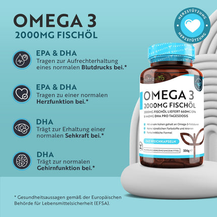 Omega 3 kapsulas, lielas devas 240–2000 mg zivju eļļas kapsulas ar 660 mg EPA un 440 mg DHA vienā porcijā — Omega 3 eļļa, tīra zivju eļļa no ilgtspējīgas zvejniecības — Testēts/sertificēts Vācijā — Nutravita