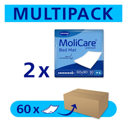 Molicare Premium gultas paklājiņš 9 pilieni: gultas aizsargpaklājiņš ar absorbējošu serdi, kas izgatavota no celulozes pārslām, 60x90cm, 2x30 gabali