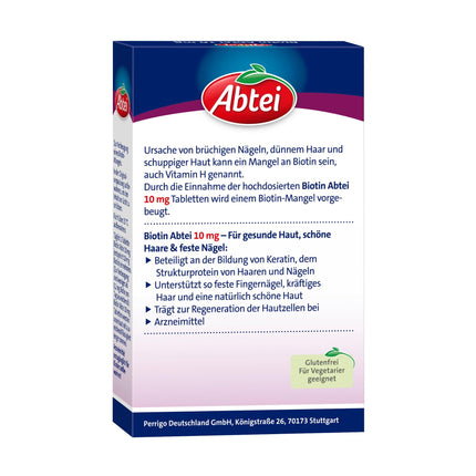 Abtei Biotin 10 mg Forte - Ādai, matiem un nagiem - Ar 10 mg biotīna - augsta deva, bez glutēna, piemērots veģetāriešiem - 30 tabletes