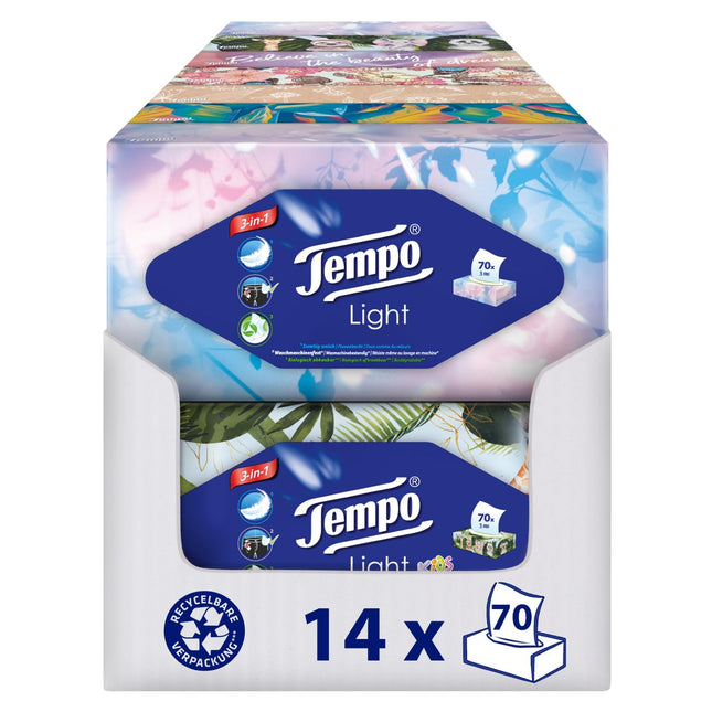 Tempo Light Box salvetes - Megapack - 14 kastes, 70 salvetes kastē - mīkstas papīra salvetes, mazgājamas veļas mašīnā