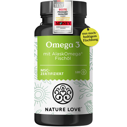 Omega 3 — augsta deva ar 650 mg Omega 3 taukskābēm vienā dienas devā — 120 mazas kapsulas ar augstākās kvalitātes izejvielām AlaskOmega® (MSC sertificēts) — ražots Vācijā bez piedevām
