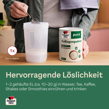 Doppelherz tīrs kolagēna pulveris - bez garšas - viegli šķīstošs - bez konservantiem vai aromatizētājiem - kontrolēta izejviela no ganību saimniecībām - 200 g
