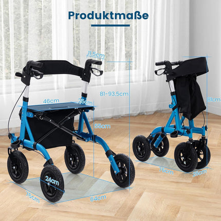 FANTASK 2-in-1 rollators ar pneimatiskajām riepām un sēdekli līdz 160 kg, salokāms un viegls alumīnijs ar somu un spieķa turētāju, staigāšanas palīglīdzeklis ar 6 virzienu augstuma regulēšanu, ratiņkrēsls un ceļojumu rollators (zils)