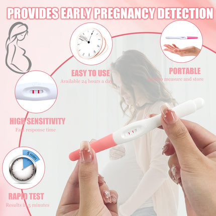 20 grūtniecības testu gabali, individuāli iesaiņoti, agrīna grūtniecības testa gabali, grūtniecības tests ar urīna krūzīti un grūtniecības testa strēmelītēm, HCG tests grūtniecei, augsta precizitāte, ātra noteikšana.