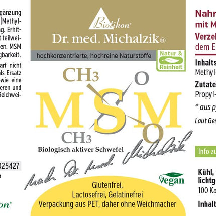 MSM Dr. med. Mihalziks | Dienas deva - augstas kvalitātes organiski saistīts sērs [1200 mg] | 100% tīrs metilsilfonilmetāns - 100 kapsulas - bez piedevām - no BIOTIKON®