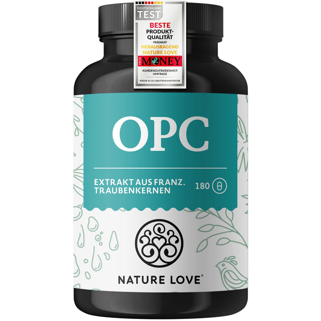 NATURE LOVE® OPC vīnogu kauliņu ekstrakts - 180 kapsulas - Augsta deva ar 800 mg ekstrakta dienā - no Francijas vīnogām - ar dabīgu C vitamīnu - laboratoriski pārbaudīts, vegāns, ražots Vācijā