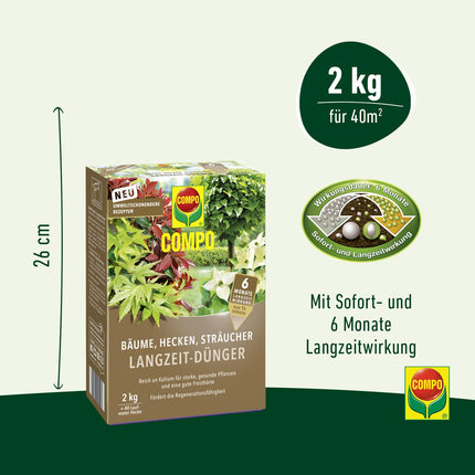 COMPO koku, dzīvžogu un krūmu ilgtermiņa mēslojums, videi draudzīga formula, 6 mēnešu ilgtermiņa iedarbība, 2 kg, 40 metriem dzīvžoga