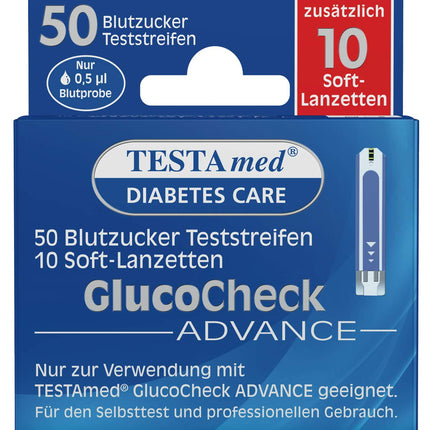 TESTAmed GlucoCheck Advance asins glikozes testa strēmeles ar mīkstām lancetēm, 50 asins glikozes testa strēmeles + 10 mīkstas lancetēm