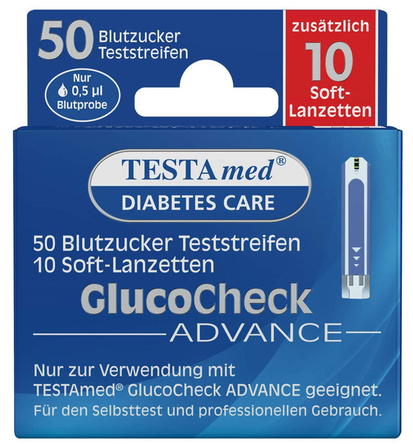 TESTAmed GlucoCheck Advance asins glikozes testa strēmeles ar mīkstām lancetēm, 50 asins glikozes testa strēmeles + 10 mīkstas lancetēm