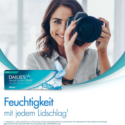 Dailies AquaComfort Plus Toric ikdienas mīkstās kontaktlēcas | 30 gabali | BC 8,8 mm | DIAMETRS 14,4 mm | CIL -1,25 | ASS 180 | -01,25 dioptrijas