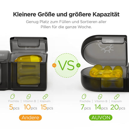 AUVON nedēļas tablešu kastīte 7 dienām, 3 nodalījumi, pārnēsājama tablešu kastīte ar lieliem atsevišķiem nodalījumiem medikamentiem, vitamīniem, zivju eļļai, uztura bagātinātājiem utt. (melna)