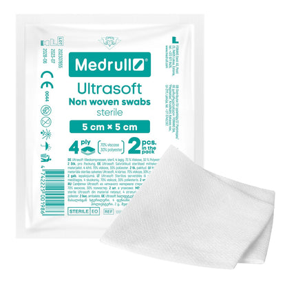 Medrull neaustās kompreses STERILI ULTRASOFT brūču pārsēji 4 slāņu 5 cm x 5 cm Iepakotas 2 gab. - 20 papīra maisiņi (40 gab.)
